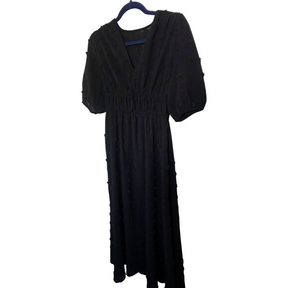 Boho Black Midi Dress S 3/4 Puff Sleeve 3D Textured Rosettes Smocked Waist - Picture 1 of 5